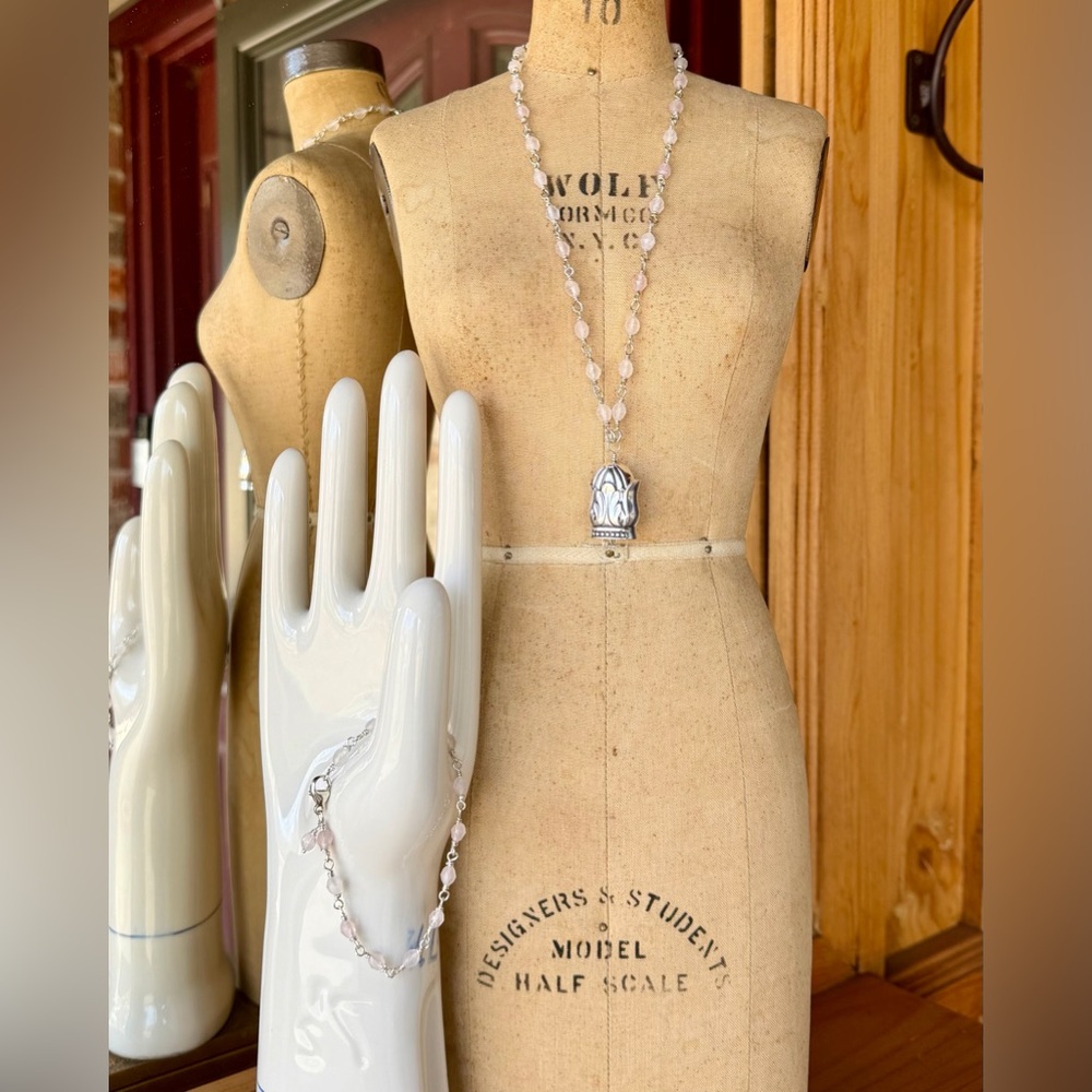 Sterling Silver Rose Quartz Handcrafted Fairy Bell Necklace and Bracelet Set